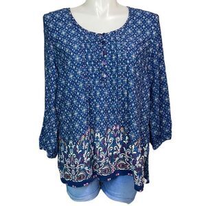 Avenue Lightweight Rayon Blue Printed Flowy 5 Button Shirt Plus Size 18/20